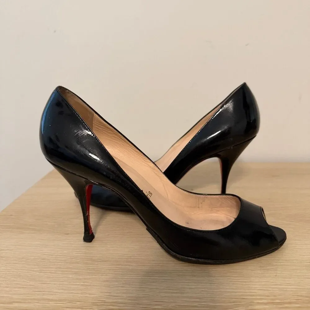 Christian Louboutin Black Patent Leather Peep Toe Stiletto Heels Size 39